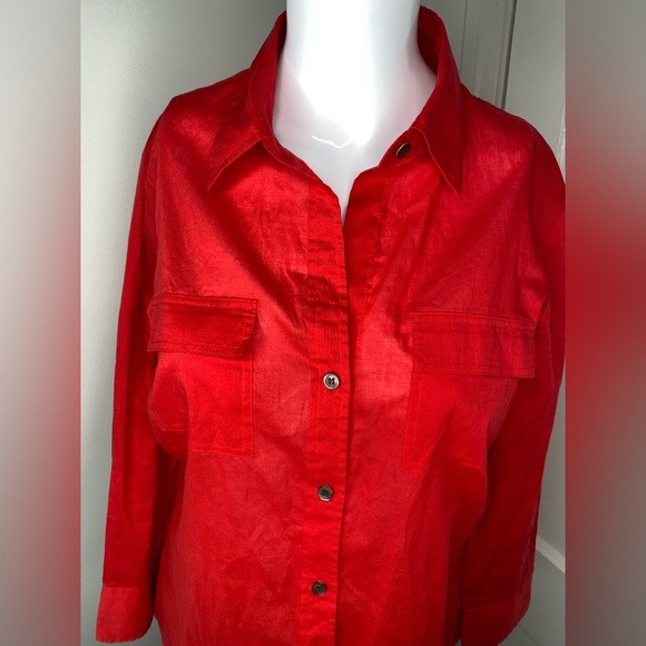 THEORY L Vibrant Sheer Red Button-Up Shirt - Picture 7 of 13